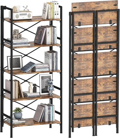Folding Bookshelf,5 Tier Bookcase Foldable Shelf with X-Bracket Design, Adjustable Feet, Space Saving Storage for Living Room, Office, Rustic Brown