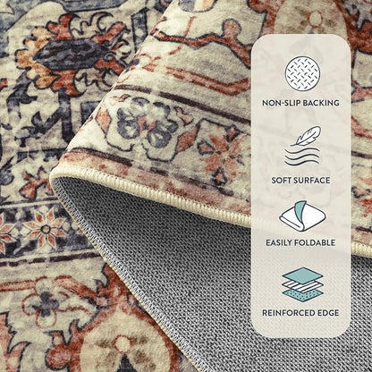 Lahome Oriental Washable Rugs 5x7, Soft 5x7 Rug for Bedroom Living Room, Ultra-Thin Non Slip Stain Resistant Vintage Throw Carpet for ‎Dining Room Office, Peach/Orange