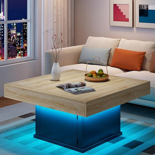 LED Coffee Tables for Living Room, Farmhouse Wood Coffee Table, 33.5" Square Coffee Table with Storage, Large Vintage Brown Center Table, Living Room Tables Cocktail Table (Natural)