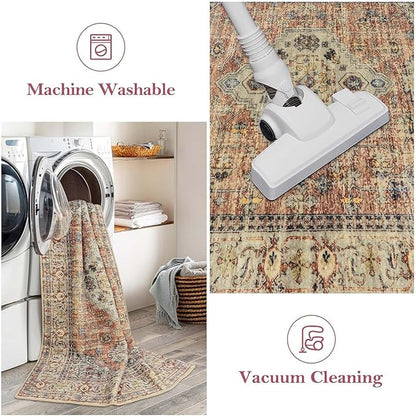 Lahome Oriental Door Mat Indoor Entrance, 2x3 Washable Indoor Rugs for Entryway Soft Small Kitchen Rugs Non Slip Ultra-Thin, Vintage Door Mat Carpet for Bedroom Bathroom, Peach/Orange