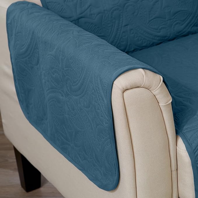 Great Bay Home Medallion Stitched Solid Furniture Protector Stain Resistant Durable Furniture Protector Elenor Collection (Sofa, Smoke Blue/Ivory)