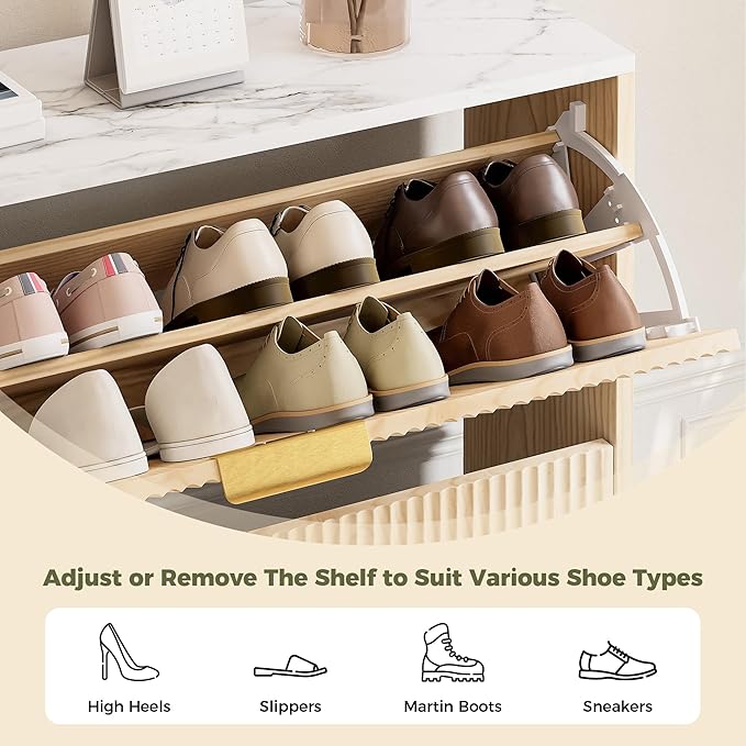 IRONCK Shoe Storage Cabinet with 3 Flip Drawers, Fluted Shoe Cabinet Storage for Entryway, Free Standing Wooden Shoe Organizer Cabinet for Hallway, Natural Oak