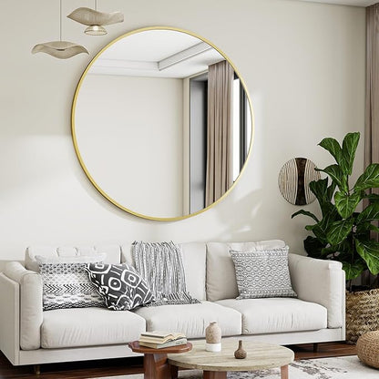 Gold Round Bathroom Mirror, 48 inch Large Circle Wall Mounted Hanging Mirror with Simple Modern Circular Metal Frame for Hallway, Entryway, Living Room, Gold Frame