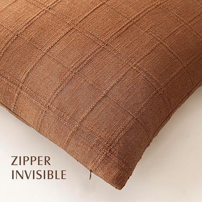 Foindtower Set of 2 Decorative Linen Check Throw Pillow Covers Neutral Farmhouse Vintage Cushion Covers Modern Boho Home Decor for Sofa Chair Couch Bedroom Living Room Outdoor,16×16 Inch,Orange