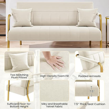 Yaheetech 56.5" W Modern Loveseat 2 Seater Sofa Luxurious Velvet Fabric Couch with Gold-Tone Metal Arms and Legs for Living Room, Home Office, Studio Beige