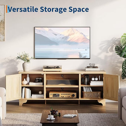 GarveeHome Rattan TV Stand for Living Room, Boho Entertainment Center for 55, 65, 70 Inch TV, Wooden Console Cabinet with Storage and Shelf, Natural Oak