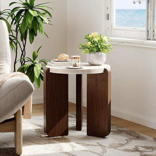 COSIEST Small Round Side Table, Modern 3-Leg Accent End Table with Faux Marble Wood Top and Wood-Like Legs, Nightstand for Living Room, Bedroom, Office, Cream White & Dark Brown,17.7”Dia. x 18.9”H