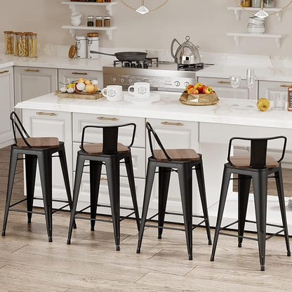 30 Inch Swivel Bar Stools Set of 4 with Backs Counter Height Industrial Metal Barstools Island Bar Chairs for Home Kitchen Dining Room (Swivel 30 inch,Matte Black Wooden)