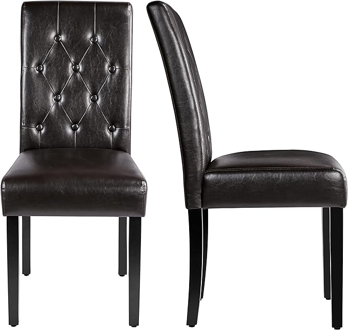 Yaheetech Dining Chairs Set of 2 Modern Style Faux Leather Dining Room Chairs with Solid Wood Legs and Button Tufted Padded for Home Kitchen, Brown