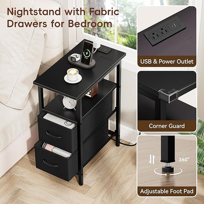 Vagusicc Black Nightstand with Charging Station and LED Lights, Narrow Side Table, LED Night Stand with 2 Fabric Drawers, Bedside Table with USB Ports and Outlets, Tall Nightstand for Bedroom, Black