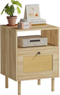 Rattan Nightstand with Storage Boho Modern Farmhouse Bedside Table with Drawer & Open Shelf Light Wood End Table for Bedroom, Living Room, Office, Dorm - Natural Walnut 0ak Color
