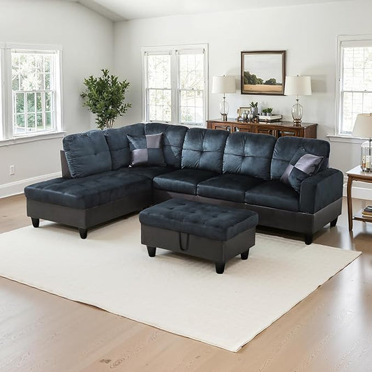 NicBex Sectional Couch 3 Pieces Sofa Set with Right Chaise Lint PVC L Shaped Cloud Couch for Living Room Furniture Sets with Storage Ottoman, Modular Sofa for Living Room & Apartment, Dark Blue+Brown