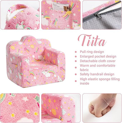 Tiita Kids Couch Plush Toddler Chair, Cloud-Like Glow in The Dark Kids Sofa Toddler Reading Chair with Washable Cover Carrying Handle, Convertible Children Sofa Chair for Girls and Boys