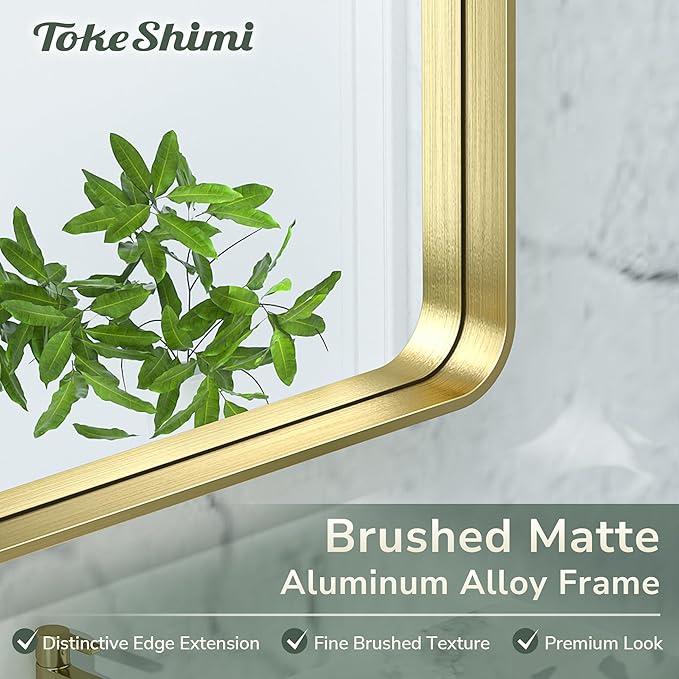 TokeShimi Gold Bathroom Mirror for Wall 40 x 24 Inch Rounded Corner Rectangle in Aluminum Alloy Brass Metal Frame Deep Set Design Hangs Horizontal Or Vertical Farmhouse