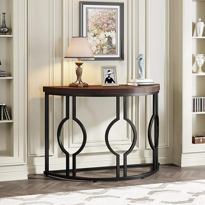 LITTLE TREE 43 Inch Half Moon Console Table for Entryway Industrial Semi Circle Sofa Table Wood Accent Table for Living Room, Hallway, Foyer, Entrance, Rustic Brown