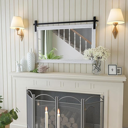 Bathroom Barn Door Mirror: 42"x28" White Farmhouse Wood Frame - Rustic Wall Mirror for Entryway/Living Room Wall Decor