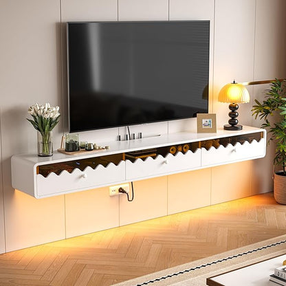 Floating TV Stand, 55IN Fully-Assembled Wall Mounted Wave Glass with Flip-Down Door & Drawers, Modern Media Entertainment Console Under TV Shelf for Livingroom