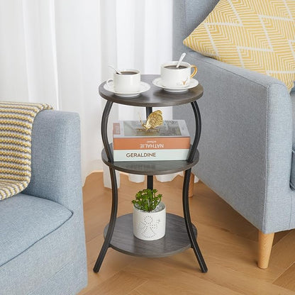 Vintage Small Round Side Table, 3-Tier Slim Waist Circular End Table with Storage Shelf, Compact Tea Sofa Side Table, Round Corner Coffee Table Nightstand for Living Room Bedroom Small Spaces,Grey