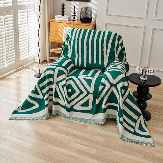 HANDONTIME Couch Cover Boho Sofa Covers Washable Forest Green Dog Covers for Couches Reversible Couch Blanket Cover Geometric Armchair Covers Dark Green, 71" X71"