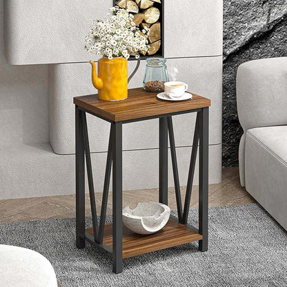 FOLUBAN Small End Table, Rustic Wood and Metal Side Table with Storage, Modern Night Stand for Living Room Bedroom Office, Walnut