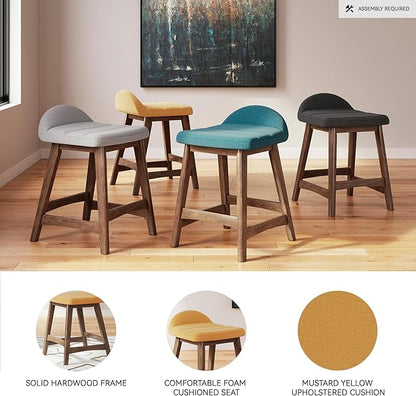 Signature Design by Ashley Lyncott Contemporary 28.5" Counter Height Upholstered Bar Stool with Foam Cushion, 2 Count, Mustard & Brown