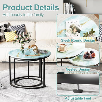 Garden 4 you Nesting Coffee Table, 23.6" Round Coffee Table Set of 2, Wooden Nesting Table Set for with Metal Frame, Side Tables for Living Room Bedroom Balcony, Blue