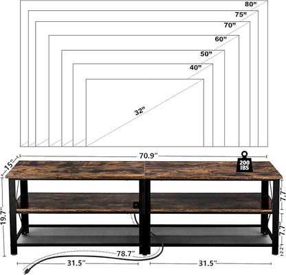 Clikuutory Modern Brown 71 inch Metal TV Stand with LED Lights and Power Outlets for 50 60 65 70 75 80 Inch TVs, 3 Tier Television Stands with Entertainment Center and Storage for Living Room, Bedroom