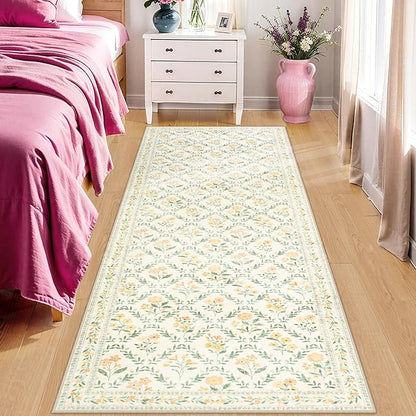 Runner Rug for Entryway: 2x10 Kitchen Rugs Non Slip Washable Ultra-Thin Soft Floral Carpet Indoor Floor Stain Resistant Carpets for Hallway Bedroom Kitchen Laundry Bathroom Dorm Beige/Multi