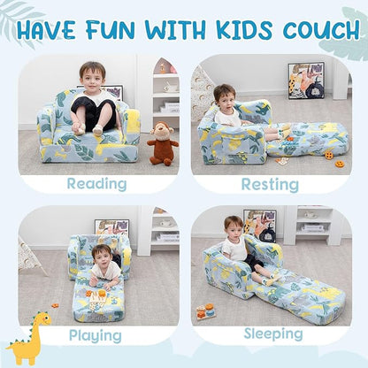Comfy Toddler Chair and Couch for Kids with Blanket,2-in-1 Soft Plush Fold Out Toddler Couch for Girls and Boys,Convertible Sofa to Lounger for Playroom,Glowing Dinosaur