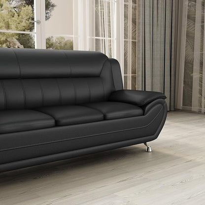 Container Furniture Direct Michael Modern Faux Leather Upholstered Stainless Steel Legs Living Room Sofa, Midnight Black