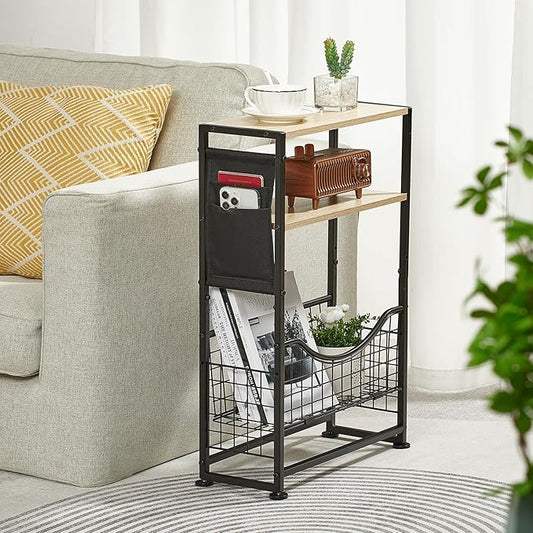 Narrow Side Table, Skinny Small End Tables with Magazine Holder, 3 Tier Small Sofa Side Table for Smalls Spaces, Sofa Couch Tables Bedside Table for Living Room Bedroom Office