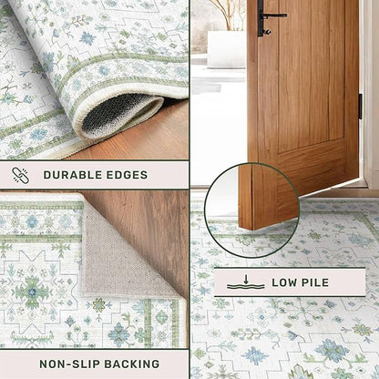 Oushak 2x8 Hallway Runner Rug - Vintage Turkish Floral, Washable Low Pile Non Slip 8ft Long Runners for Kitchen, Hall Way - Cream Blue and Green