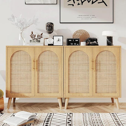 Rovaurx Set of 2 Rattan Storage Cabinet with Doors, Accent Bathroom Floor Cabinet, Modern Sideboard Buffet for Living Room, Entryway, Dining Room and Kitchen, Natural BMGZ108M02