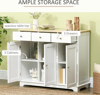 HOMCOM Sideboard with Solid Wood Countertop, Modern Kitchen Storage Cabinet, Coffee Bar Cabinet with 3 Drawers, Doors and Adjustable Shelf, White