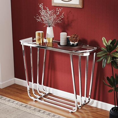 OIOG Glass Console Table for Entryway, Modern Entrance Table with Tempered Glass & Chrome Frame, Silver Sofa Table for Living Room Hallway