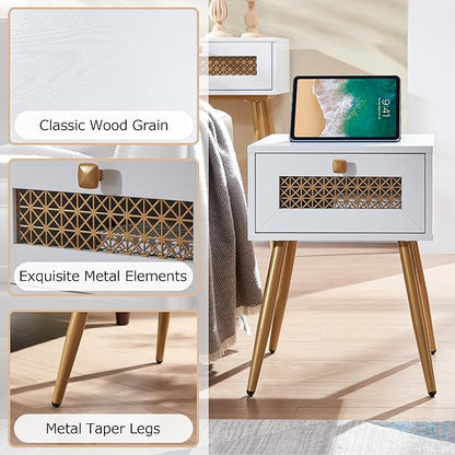 Modern Style Side Table, End Table with Drawer for Living Room, Square Wooden Small Nightstand, White