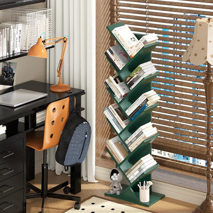 10 Tier Tree Book Shelf, Floor Standing Wood Bookshelf for Narrow Space, Storage Organizer Bookshelves for Books/CDs/Magazine, Bookcase with Shelves for Home Office, Living Room