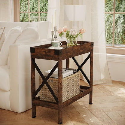 Narrow Side Table, Slim End Table with Charging Station for Small Spaces, with 2 USB and 2 Power Outlets, 21.7" L x 10" W x 21.7" H