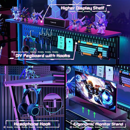 Gaming Computer Desk with Shelves and Outlets, Gaming Desk with Hutch and LED Lights, Reversible PC Gaming Desks with Pegboard, Carbon Fiber Black 47''