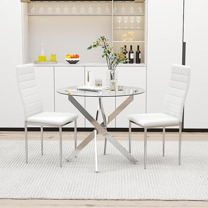 Glass Dining Table Modern Kitchen Table with Silver Metal Legs 32 Inch Small Round Dining Table for Apartment Kitchen Dining Room