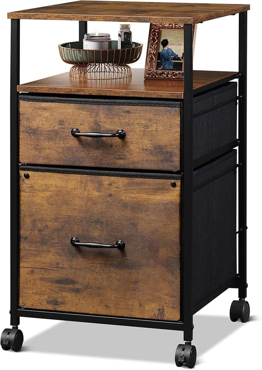 DEVAISE 2 Drawer Mobile File Cabinet, Rolling Printer Stand with Open Storage Shelf, Fabric Vertical Filing Cabinet fits A4 or Letter Size for Home Office, Rustic Brown Wood Grain Print