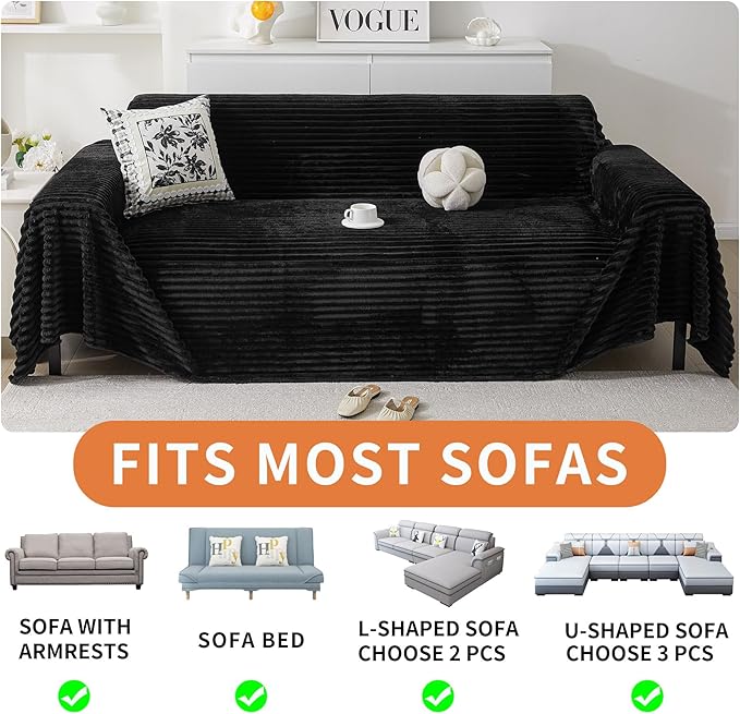 HAOMAIJIA Faux Fur Sofa Covers Couch Covers for 3 Cushion Couch Sofa Pet Friendly Soft Non Slip Couch Cover for Dogs Washable Sectional Couch Covers L Shape Furniture Protector (Black, 91"x134")