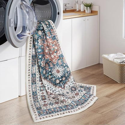 zesthome 5x7 Area Rugs - Ultra-Thin Washble Rug, Stain Resistant Anti Slip Backing Rugs for Living Room,Bedroom, Vintage Home Decor Area Rug (Navy Blue/Red,5'x7')