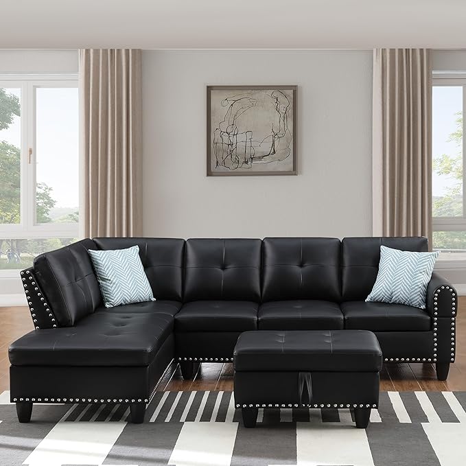 Ball & Cast 98" L Shaped Sectional Couch for Living Room with Chaise & Storage Ottoman,4 Seat Faux Leather Upholstered Modular Sectional Sofa Set 3 PCS W/Cup Holder&Nailhead Trim,for Home,Office,Black
