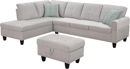 Ball & Cast 98" L Shaped Sectional Couch for Living Room with Chaise & Storage Ottoman,4 Seat Linen Upholstered Modular Sectional Sofa Set 3 PCS W/Cup Holder & Nailhead Trim,for Home,Office,Light Gray