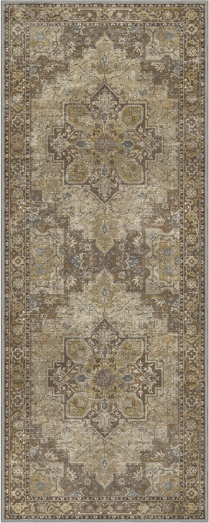 GENIMO 2'6''x12 Runner Rugs for Hallway, Machine Washable Non Slip Vintage Rugs, Low Pile Lightweight Soft Print Rug for enrtyway, Corridor, Home Office, Kitchen, Rustic Brown