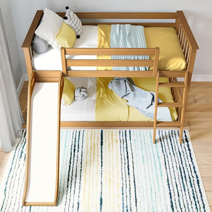 Max & Lily Twin Over Twin Low Bunk with Slide and Ladder, Wooden Bunk beds with 14” Safety Guardrail for Kids, Toddlers, Boys, Girls, Teens, Bedroom Furniture, Pecan
