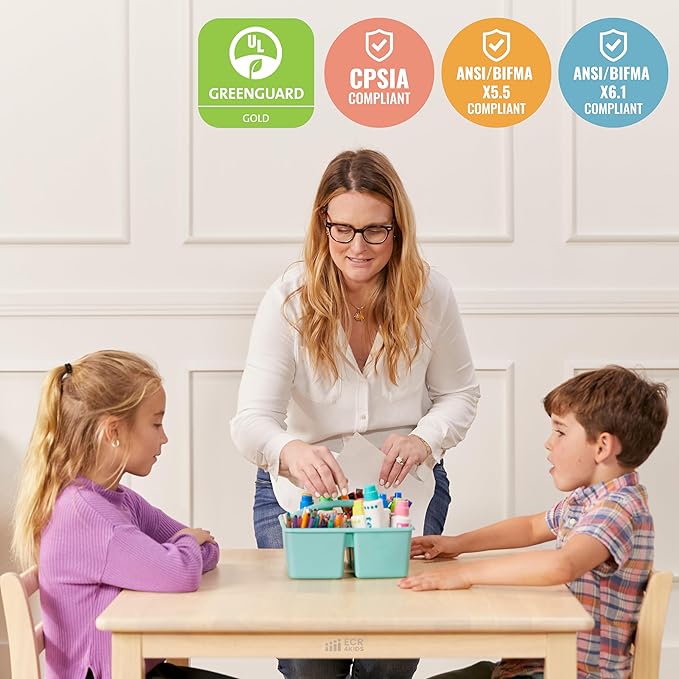 ECR4Kids 30in x 30in Square Hardwood Table and Chair Set, 12in Seat Height, Kids Furniture, Antique White