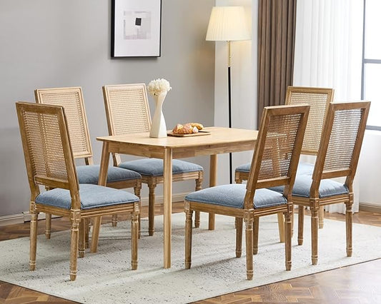 Merax Upholstered Solid Wood Dining Chairs Set of 6, French Country Style Accent Side Seating Furniture for Kitchen, Living Room, Wicker Back, Slate Blue