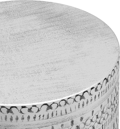 SIMPLIHOME Johnsen Metal Table - 15 inch Wide Solid Iron Drum Accent Table in Antique Silver with Tribal Pattern, Round Boho End Table for Living Room, Bedroom, or Home Office, Fully Assembled